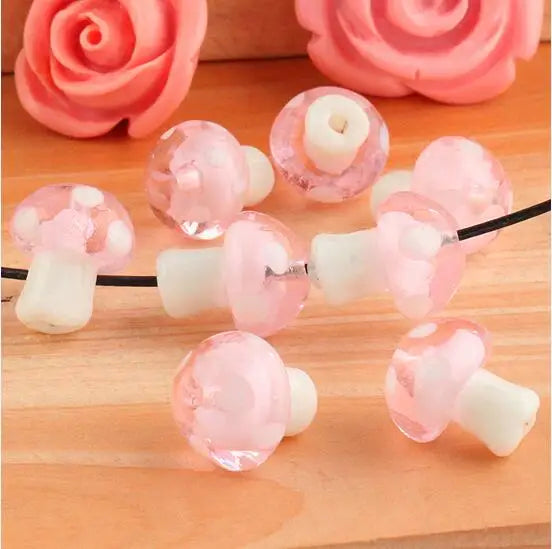 20pcs Pink Lampwork Mushroom Glass Beads (10x13mm)