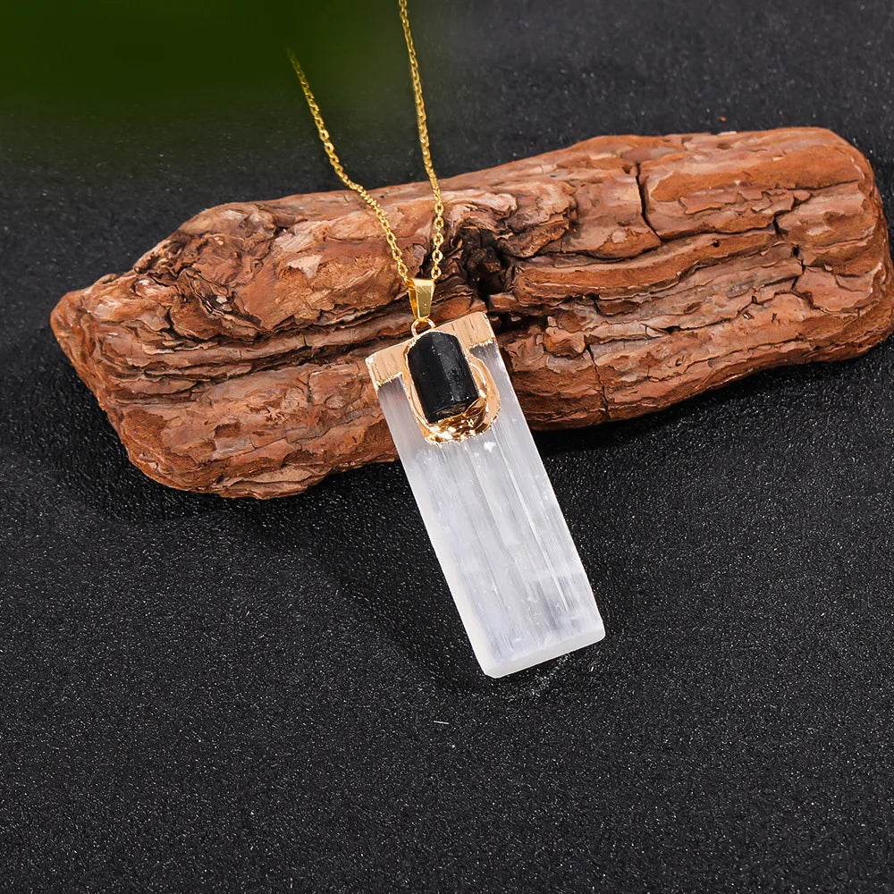 Raw Selenite Pendant w/ Inlaid Crystal