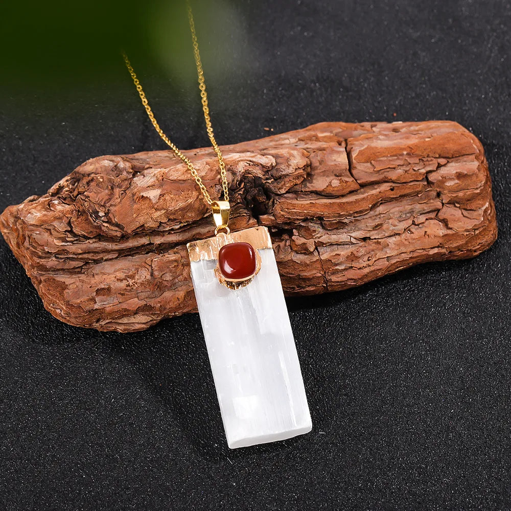 Raw Selenite Pendant w/ Inlaid Crystal
