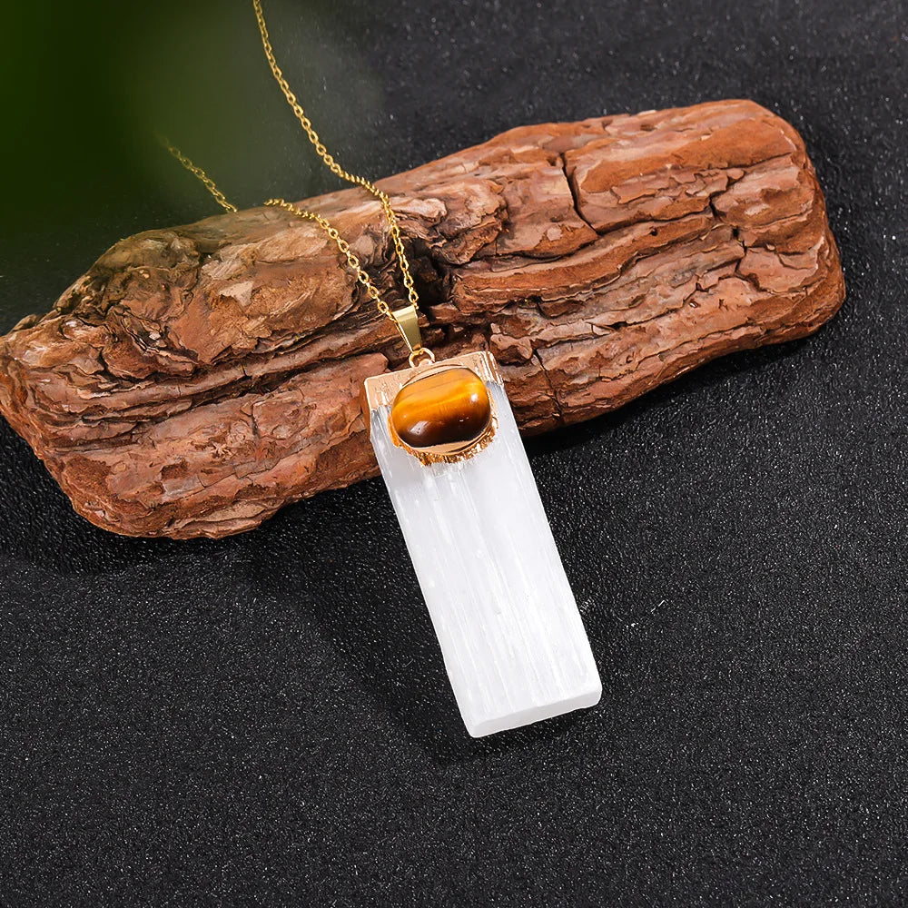 Raw Selenite Pendant w/ Inlaid Crystal