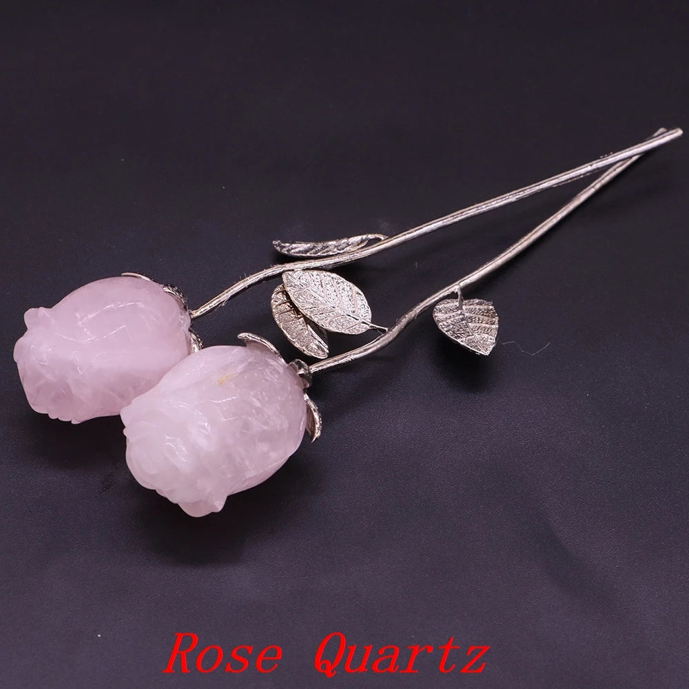 Natural Gemstone/Stainless Steel Carved Rose