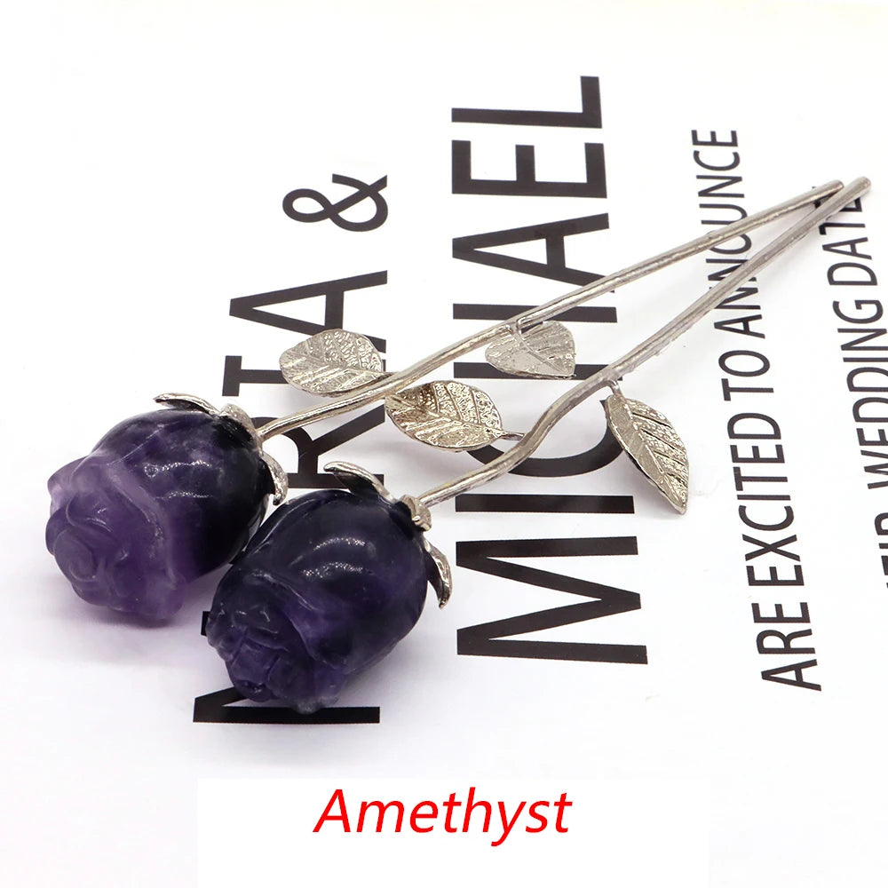 Natural Gemstone/Stainless Steel Carved Rose