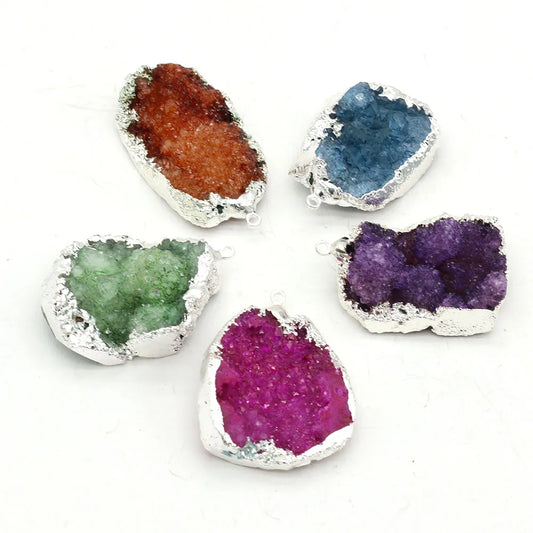 Pendentif en pierre druzy naturelle irrégulière, plaqué argent (teinté), 5 pièces