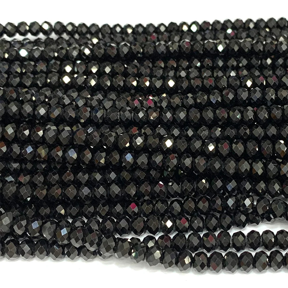 Natural Black Tourmaline Faceted Round Bead Strand