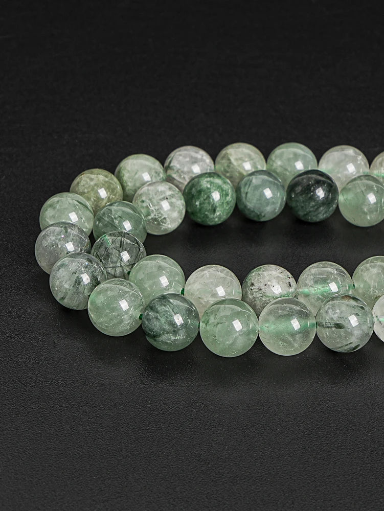 Natural Green Rutilated Quartz Round Bead Strand