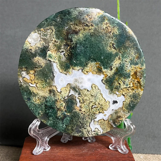 Natural Moss Agate Round Slab (With Stand)