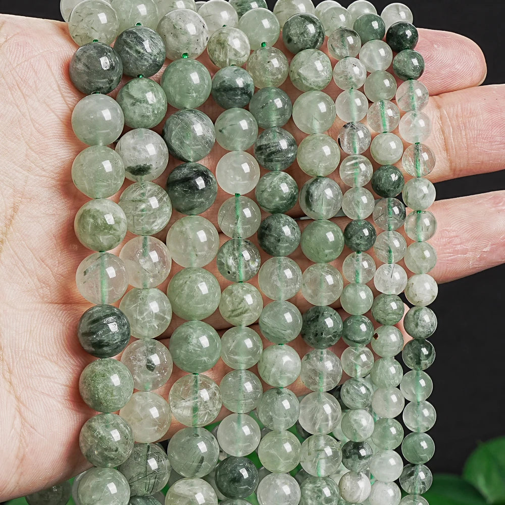 Natural Green Rutilated Quartz Round Bead Strand