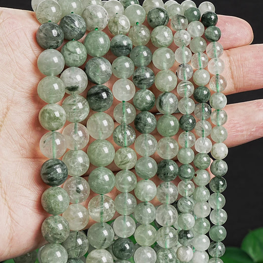 Natural Green Rutilated Quartz Round Bead Strand