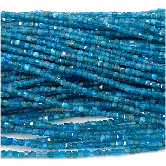 HQ Natural Faceted Blue Apatite Cube Bead Strand