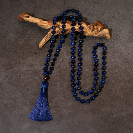 Collier Mala 108 perles œil de tigre bleu