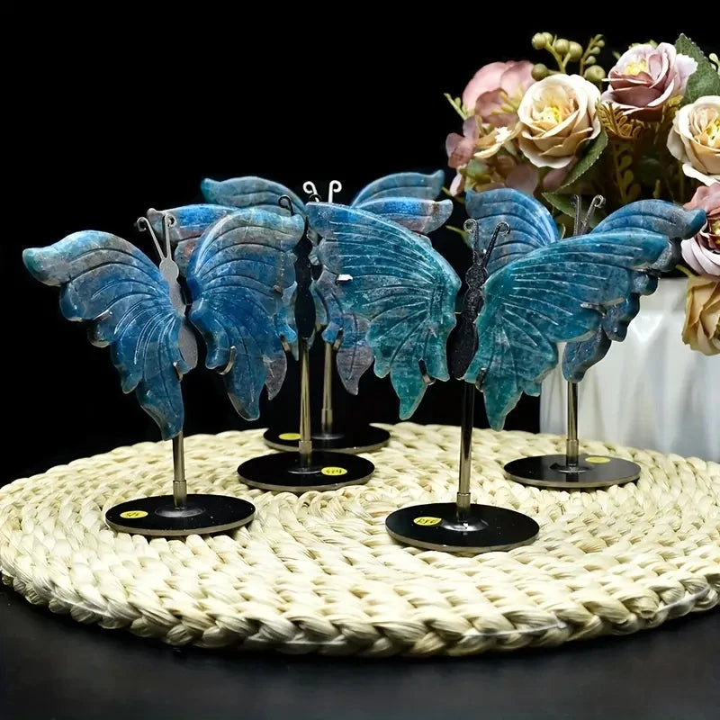 1 Pair Natural Crystal Blue Apatite Butterfly Wing Carving With Stand