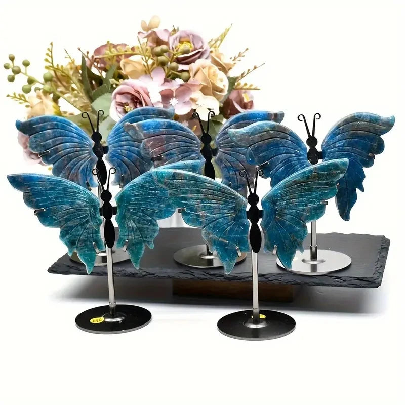 1 Pair Natural Crystal Blue Apatite Butterfly Wing Carving With Stand