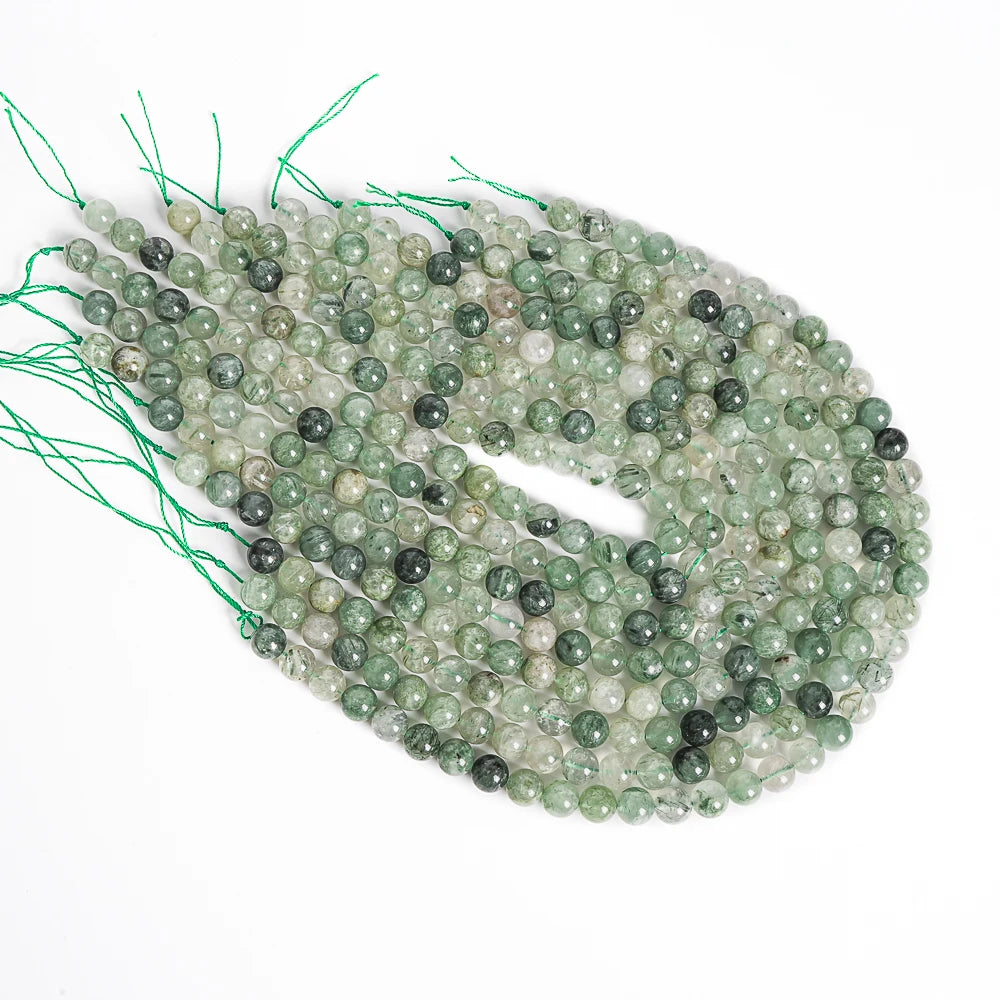 Natural Green Rutilated Quartz Round Bead Strand