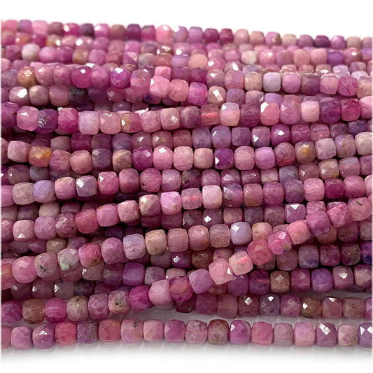 Natural Pink Ruby Faceted Cube Bead Strand