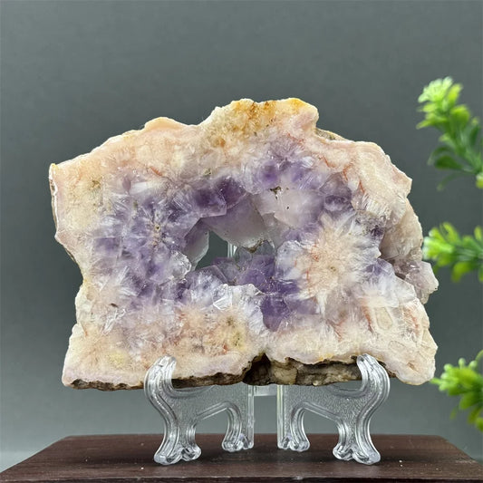 Natural Pink Amethyst Flower Agate Geode Slab (With Stand)