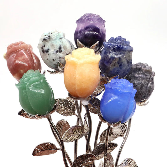 Natural Gemstone/Stainless Steel Carved Rose