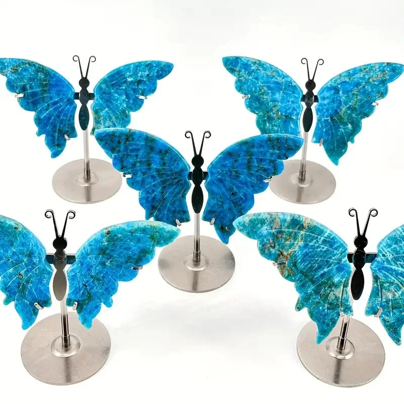 1 Pair Natural Crystal Blue Apatite Butterfly Wing Carving With Stand