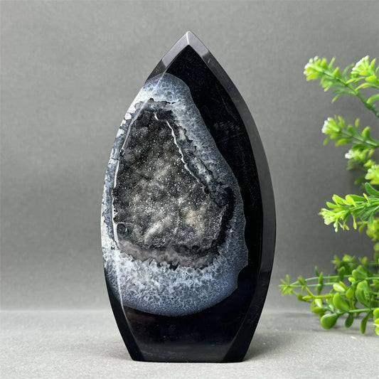 Natural Black Agate Free Form Geode Torch
