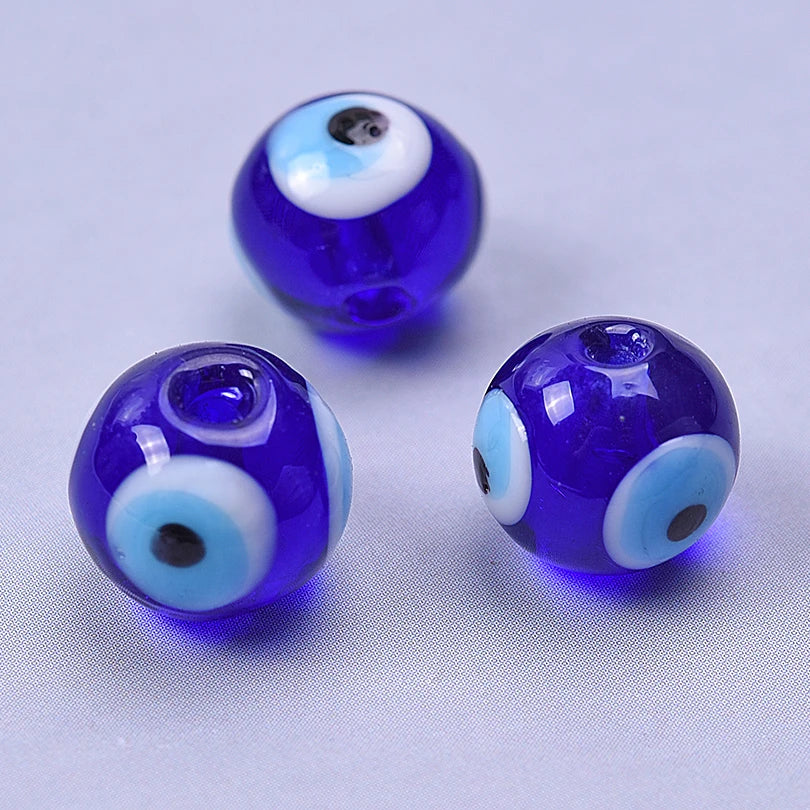 10mm Blue Glass Blue Evil Eye Bead Strand