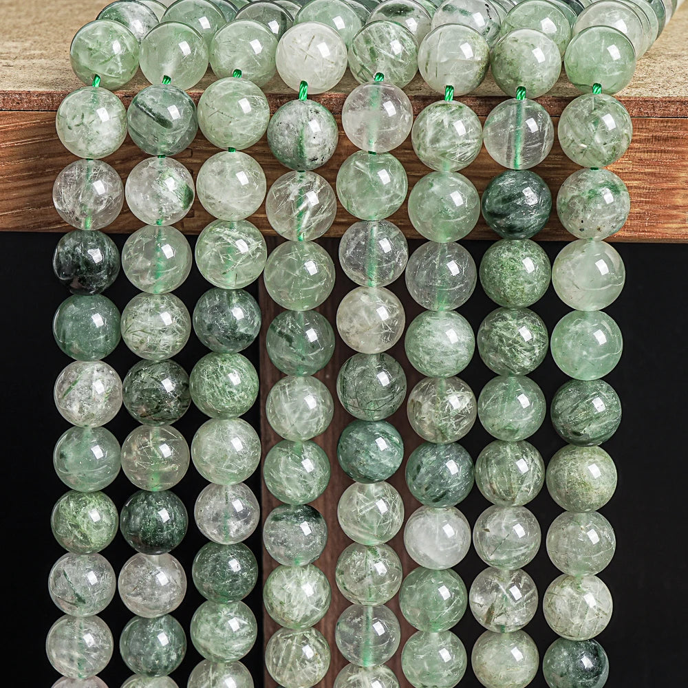 Natural Green Rutilated Quartz Round Bead Strand