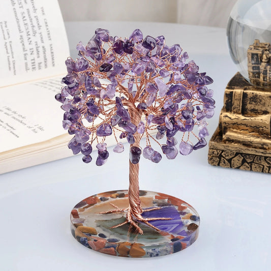 Mini arbre à argent en cristal, fil de cuivre enroulé autour d'une base en tranches d'agate