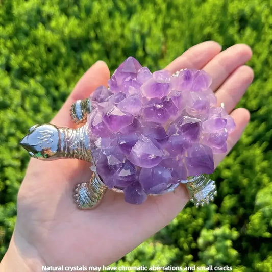 Natural Amethyst Cluster Brass Tortoise