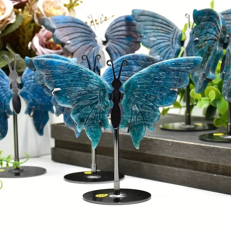 1 Pair Natural Crystal Blue Apatite Butterfly Wing Carving With Stand