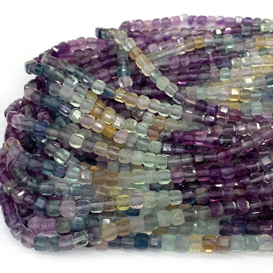 Rainbow Fluorite Gradient Cube Faceted Bead Strand