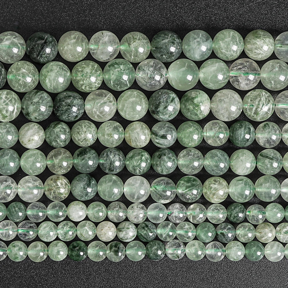 Natural Green Rutilated Quartz Round Bead Strand