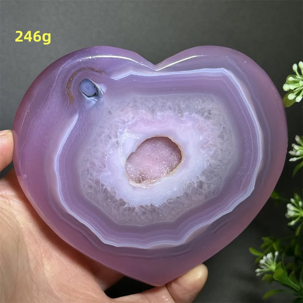 Natural Pink Agate Geode Heart Carving
