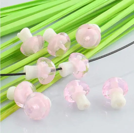 20pcs Pink Lampwork Mushroom Glass Beads (10x13mm)