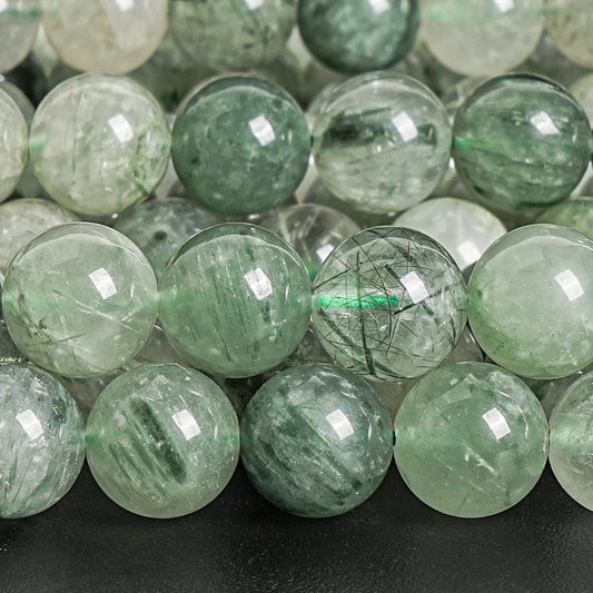 Natural Green Rutilated Quartz Round Bead Strand